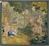 Aubusson tapestry panel romantic scene with fountain, 17th - 18th century. 
78" x 72"