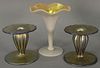 Three piece lot to include a pair of Nash art glass candle sticks, gold iridescent with flared rims marked Nash 657 and a Ste