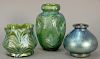 Three Loetz art glass vases to include a green oil spot short vase and two Formosa vases green/blue with polished pontil, ht.
