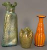 Three Loetz art glass vases including tall green oil spot vase with pontil attributed to Michael Powolny, a tango glass vase,