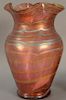 Large Loetz art glass vase, red iridescent with ruffle rim. ht. 15in., dia. 9 3/4in.