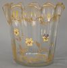 Mont Joye French enameled glass vase having ruffle gilt rim over enameled flowers and gilt decoration. 
ht. 7 3/4in., dia. 8i