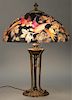 Handel Peter Broggi Birds of Paradise table lamp, reverse painted with brightly colored exotic birds among bright colored blo