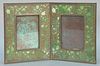Tiffany Studios Grapevine double picture frame having bronze etched grapevine pattern Tiffany green slag glass backging, each