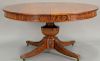 Nathan Margolis large round mahogany dining table with carved pedestal base and six 14" leaves having paper label on back of 