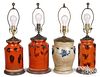 Three redware jars and a stoneware jar