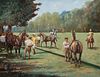  POLO MATCH HORSES & RIDERS LANDSCAPE SCENE OIL PAINTING
