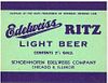 1936 Edelweiss Ritz Light Beer 7¾ Gallon Quarter Barrel IL46-23b Label Chicago Illinois