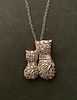 Sterling Silver Kitten pair pendant Necklace with diamond accent