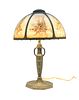Reverse Painted Glass Shade Table Lamp C. 1920, H 22'' Dia. 14''
