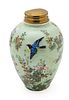Chinese Signed Porcelain Celadon Container, Brass Lid C. 19th.c., H 10''
