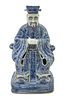 Chinese Porcelain Emperor Sculpture, Blue On White H 17'' W 8.5''