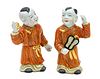 Chinese Porcelain Boy Figures In Kimonas H 10'' 2 pcs