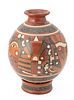 Mexican Hand Decorated Ceramic Cylinder Vase C. 1940, H 14'' Dia. 10'' 2 pcs Plus Stand