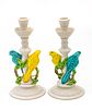 Italian Capodimonte Earthenware Candlesticks, C. 1970, Canaries On Branches, H 10.25'' Dia. 5'' 1 Pair