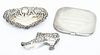 Sterling Silver Cigarette Case With Mirror, Heart Dish & Miniature Shoe W 3.7'' L 4'' 3 pcs