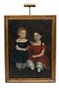 American Primitive Oil On Canvas, 19Th C., H 43", W 32", Double Portrait, Two Children