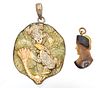 Agate Carved Miniature Silhouette; Sterling Cased Pendant, Frogs On Lily Pond Ca. 1900, H 2'' 1 pc