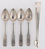 AMERICAN COIN SILVER TEASPOONS AND SUGAR TONGS, LOT OF FIVE