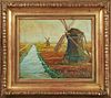 Leblanc, "Windmills Along the River," 20th c., oil on masonite, signed l.r., presented in a gold leaf and gesso frame, H.- 14