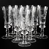 Set of Ten Etched Glass Champagne Flutes Decorated with Woodland Scenes