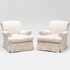 Pair of Embroidered White Linen Slipcover Upholstered Club Chairs