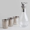 Metal-Mounted Decanter with Stag Form Stopper and Three Tumblers