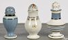 Three mocha pearlware pepper pots, 19th c., 3 3/4'' - 4 1/4'' h.