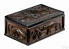 Folk art carved and painted pine dresser box, 19th c., deeply carved with relief animals