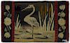 American hooked rug of a heron and cattails, early 20th c., with floral end borders, 51'' x 30''.