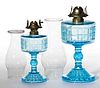 THREE PANELLED TWO PANEL KEROSENE STAND LAMPS, LOT OF TWO