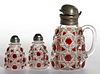 BLOCK AND LATTICE - RUBY-STAINED CONDIMENT ARTICLES, LOT OF THREE