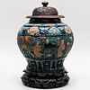 Chinese Fahua Reticulated Pottery 'Eight Immortals' Jar and a Wood Cover