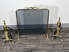 BRASS ANDIRONS AND FIREPLACE SCREEN