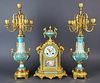 19th C. Sevres Turquoise Porcelain and Bronze 3 Pc.