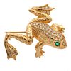 Diamond, Emerald, 14k Yellow Gold Frog Pin