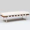 Modern Stained Wood Stainless Steel and Ivory Leather Upholstered 'Barcelona' Bench, In the Style of Mies Van Der Rohe