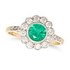 AN EMERALD AND DIAMOND CLUSTER RING in 18ct yellow and white gold, set with a round cut emerald i...