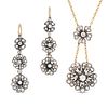 A DIAMOND FLOWER NECKLACE AND EARRINGS SUITE the necklace comprising two flowers set with rose cu...