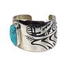 Phil Poseyesva - Hopi, Turquoise and Silver Cuff Bracelet with Corn Maiden Design c. 1990s, size 6.125 (J15692)