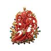 14k Gold Carved Coral Ruby Emerald Brooch Pendant