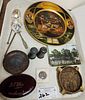 TRAY JAMESTOWN 1907 EXPO ITEMS 10" DIAM VIENNA ART PLATE, CAST BRONZE ASH TRAY, RUBY FLASH PAPERWEIGHT, SALT/PEP, 23 POST CARDS, COIN SPOONS ETC