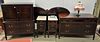 C 1920'S 5 PC WALNUT BED SET, 5 DRAWER CHEST, TALL CHEST PR MARBLE TOP 3 DRAWER END STANDS AND KING HEADBOARD