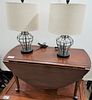 QA STYLE MAHOG DROP LEAF TABLE 21 1/2'H X 39"W X 19 1/2"D W/ PR METAL AND GLASS LAMPS 23"
