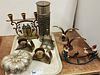TRAY BRASS AND METAL ITEMS VINTAGE CAST IRON ROCKING TOY 6-1/2"H X 8-1/2"W X 2-1/2"D, ASIAN GOURD BX, PR Y STAD-METAL CANDLESTICKS ETC
