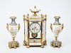 Louis XVI Style Porcelain and Cloisonné-Mounted Gilt-Metal Clock and Pair of Matching Urns, Retailed by Tiffany & Co.