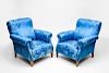 Pair of Blue Damask Upholstered Club Chairs