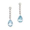 A PAIR OF AQUAMARINE AND DIAMOND DROP EARRINGS in 18ct white gold, each comprising a row of round...