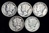 1930-1931-P/D/S Mercury Silver Dimes (5-coins)