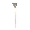 AN ANTIQUE RUBY AND DIAMOND FOX STICK / TIE PIN in 14ct yellow gold and silver, designed as the h...